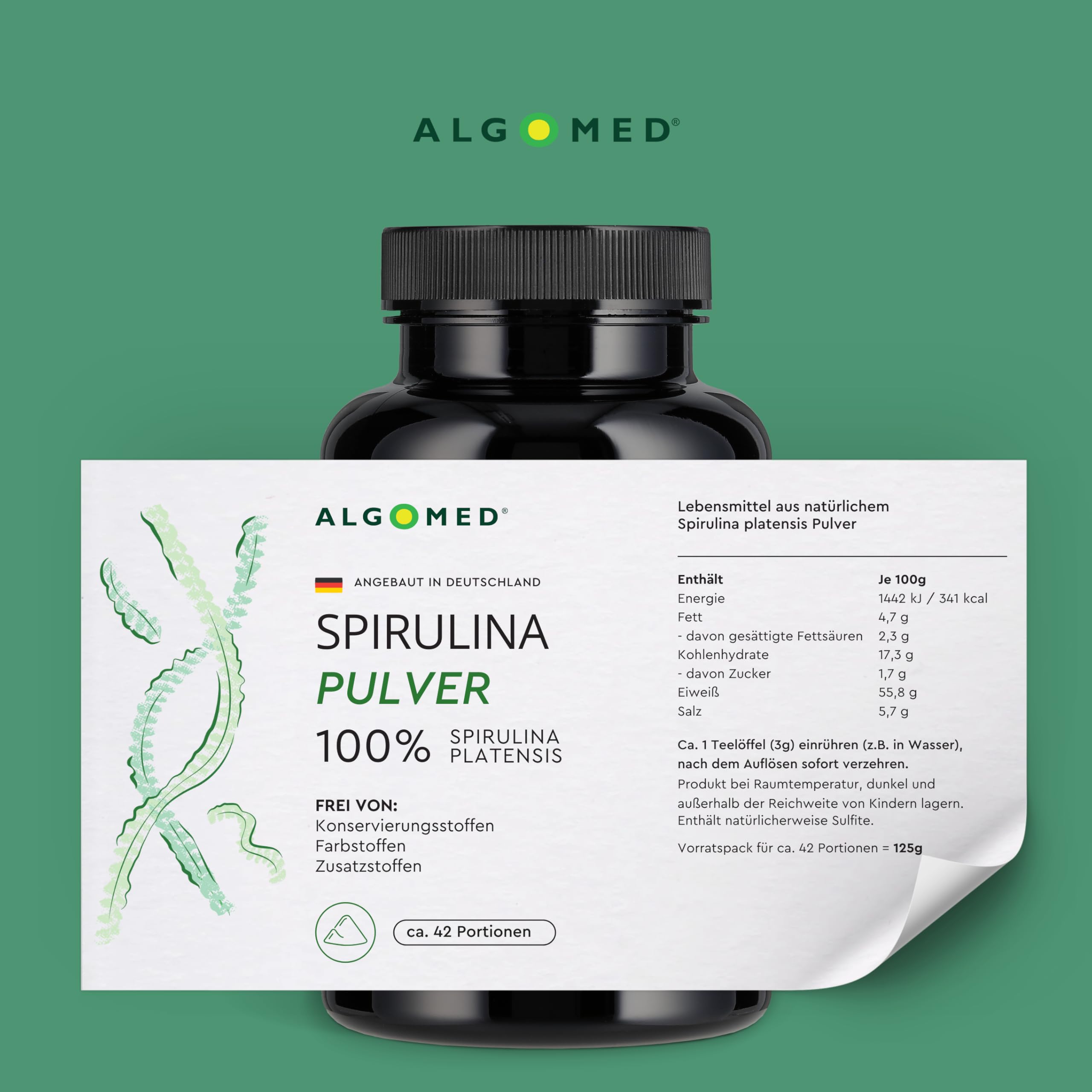 Spirulina Pulver | Direkt von der Algenfarm |100% Spirulina Platensis | 125 Gramm, ohne Konservierungsstoffe und Farbstoffe