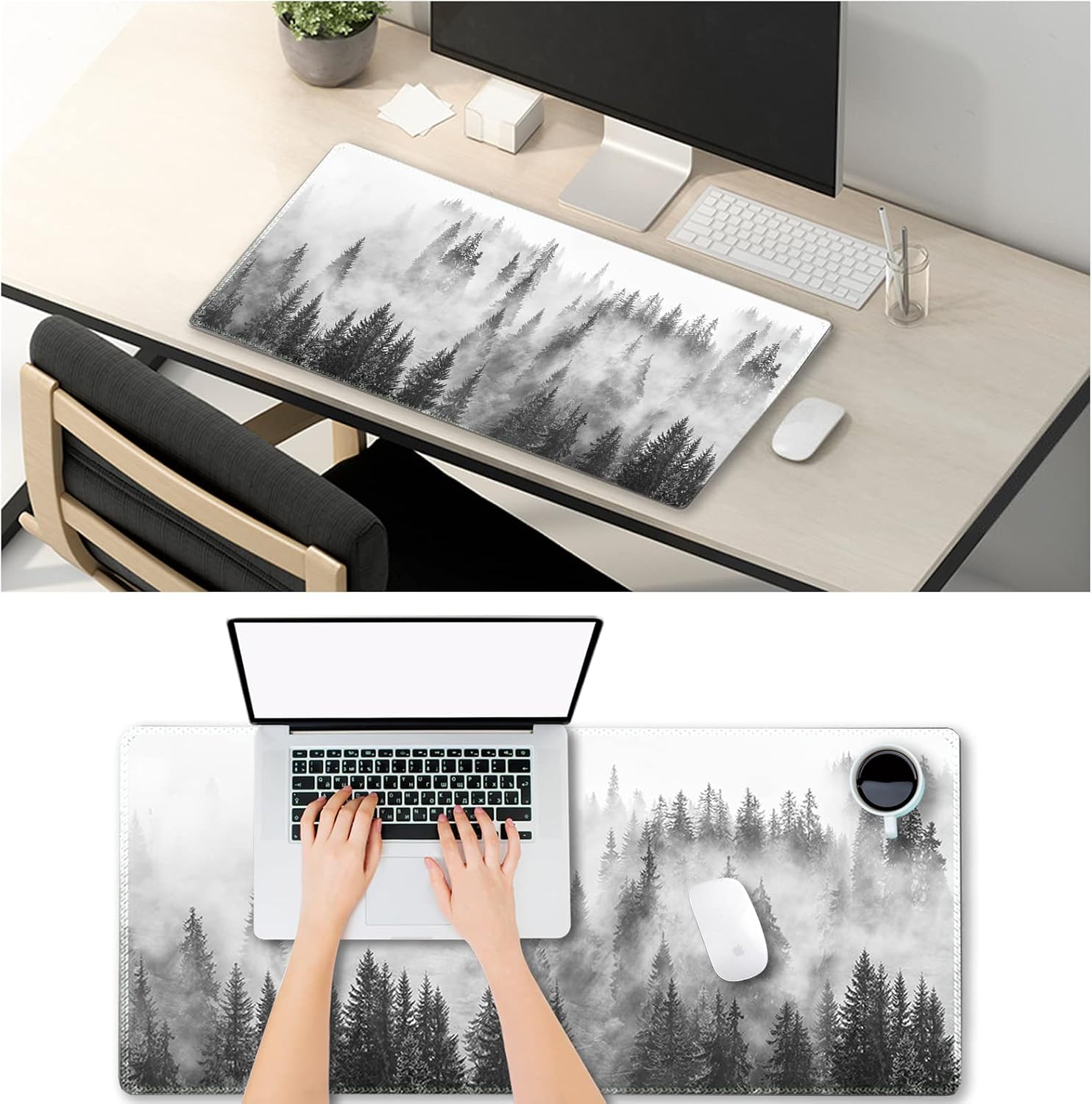 Extended Gaming Mouse Pad XXL ArtSo Large Keyboard Mat Long Mousepad Desk Decor Writing Pad Non Slip Rubber Base Stitched Edges for Work, Game, Office, Home, 35.1" x 15.7", Misty Forest Ink Painting