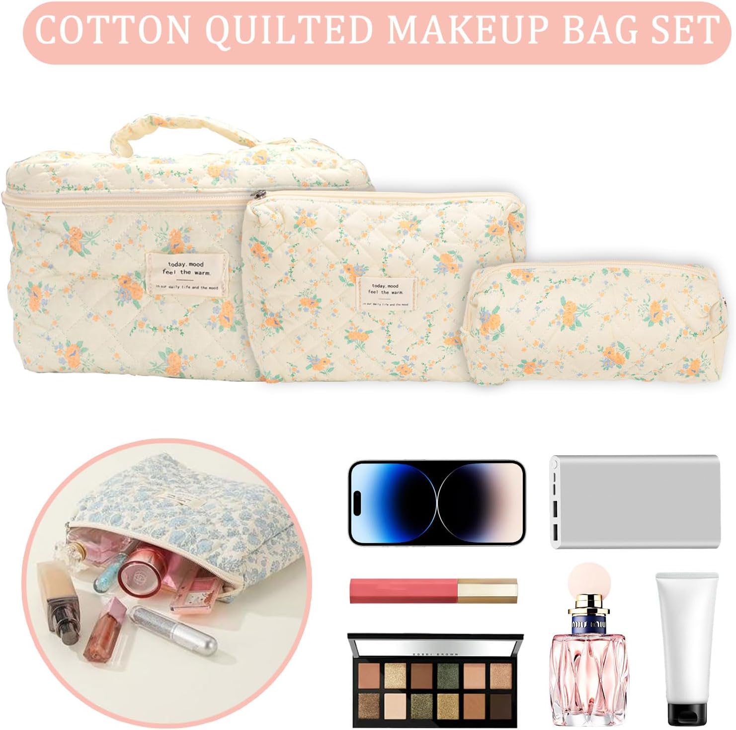 3 Pcs Floral Makeup Bag Set, Cute Makeup Bags Quilted Toiletry Travel Skincare Bag, Quilted Makeup Aesthetic Floral Pouch, Make Up Bag Set Cute Large Cosmetic Bags for Women