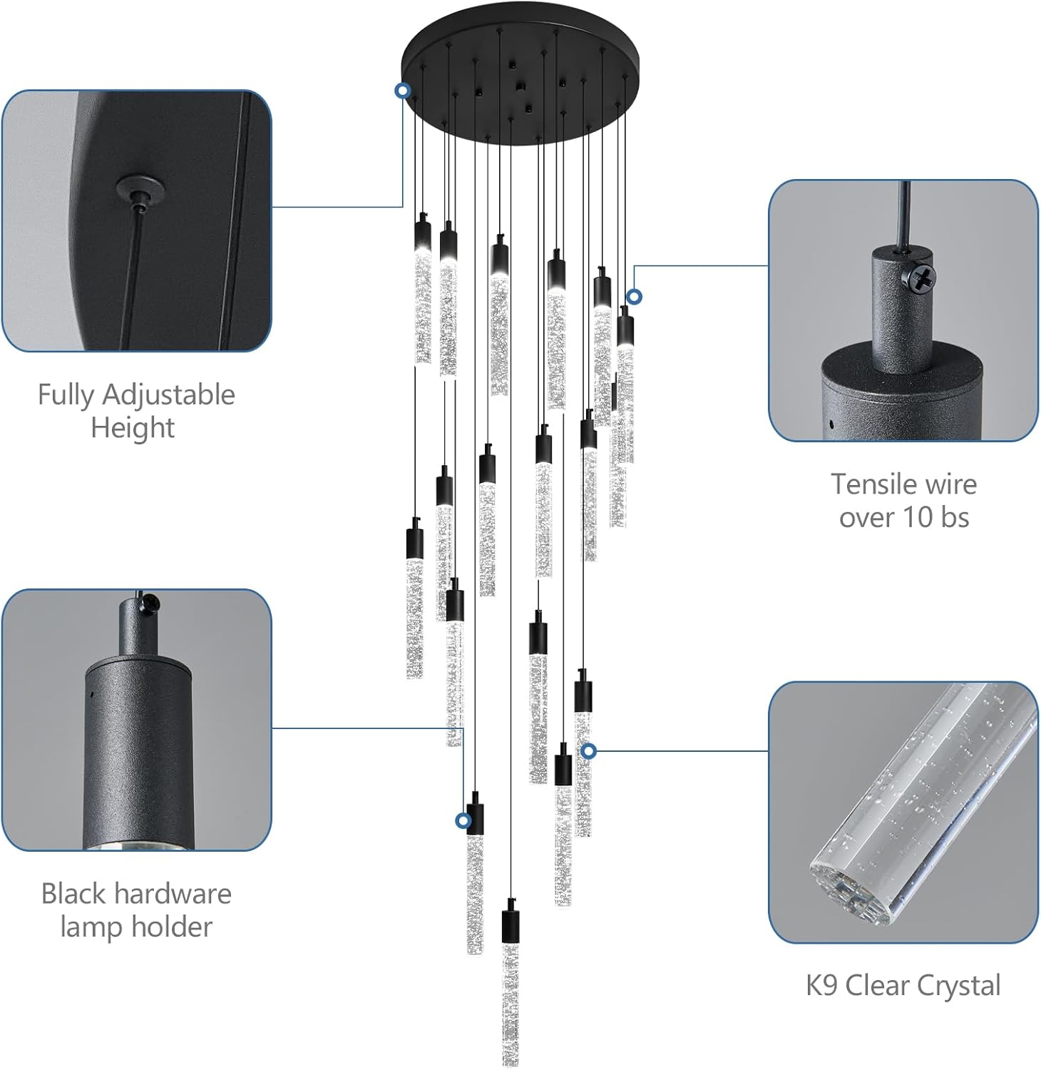 18-Light Modern Living Room Chandelier Black Crystal Ceiling Pendant Lights LED Dimmable 108W 6000K Staircase Large Chandeliers for Entryway Lobby Foyer High Ceiling Chandeliers