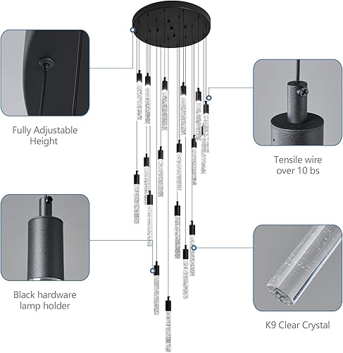 Miniatura 6 de Candelabro moderno de 18 luces para sala de estar, lámparas colgantes de techo de cristal negro, LED, regulables, 108 W, 6000 K, escaleras, grandes