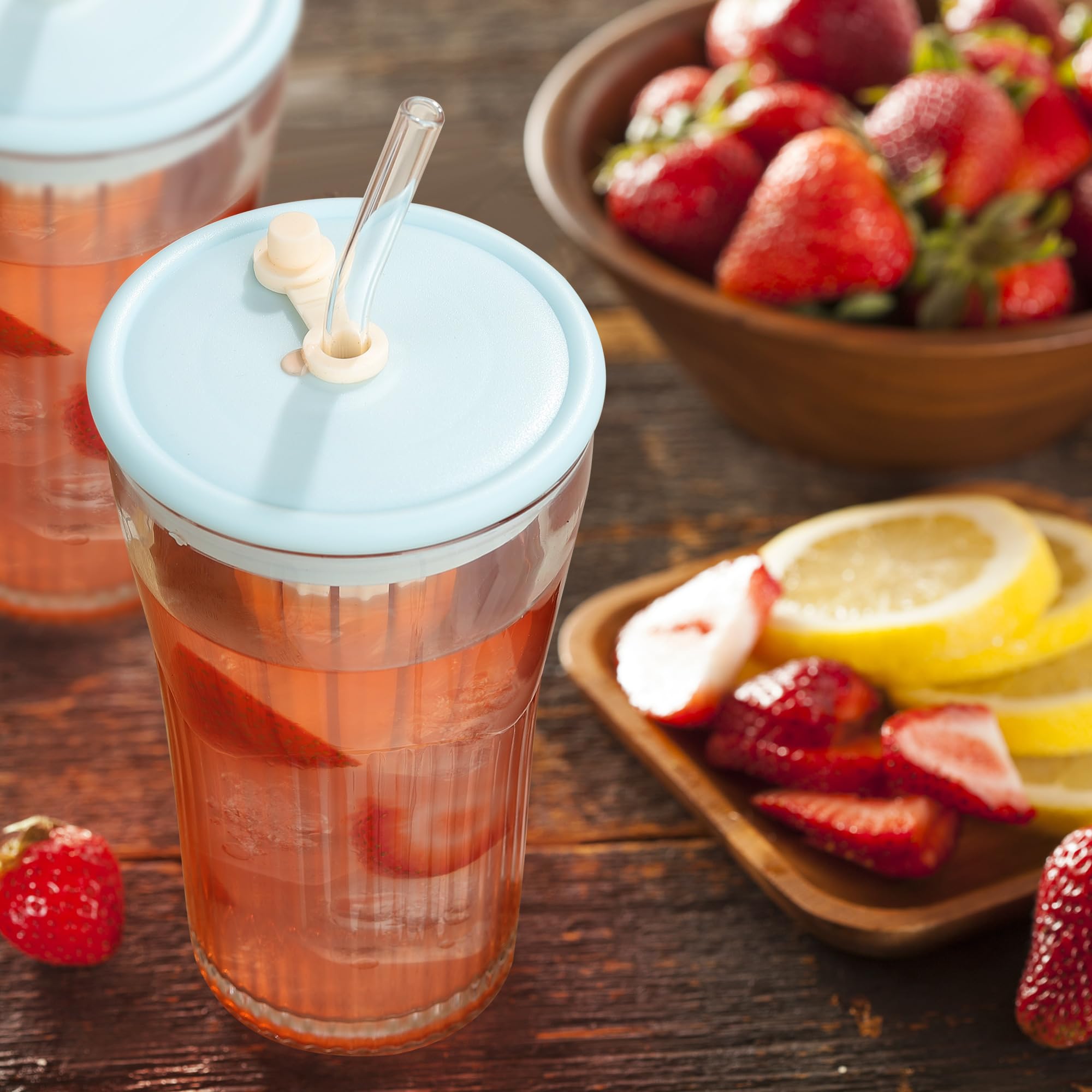 Joeyan Lot de 2 Transparent Verre avec Paille et Bleu Couvercle, 450ml Gobelet,Tasses à Café Glacé Nervurées,Verre a Eau avec infuseur à thé pour bubble tea matcha limonade,Passent au Lave-vaisselle