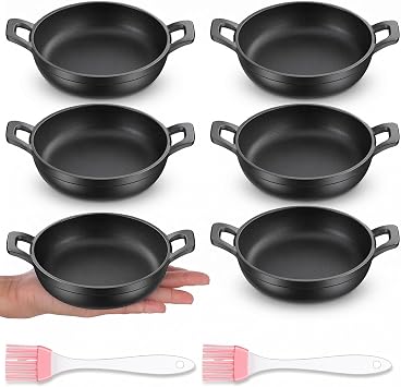 Mini Cast Iron Skillets Set of 6, 4.8 Inch Small Cast Iron Pans with Double Handles, Black Individual Serving Skillets for Frying Baking Roasting, Oven Safe Ramekins for Kitchen Indoor Outdoor