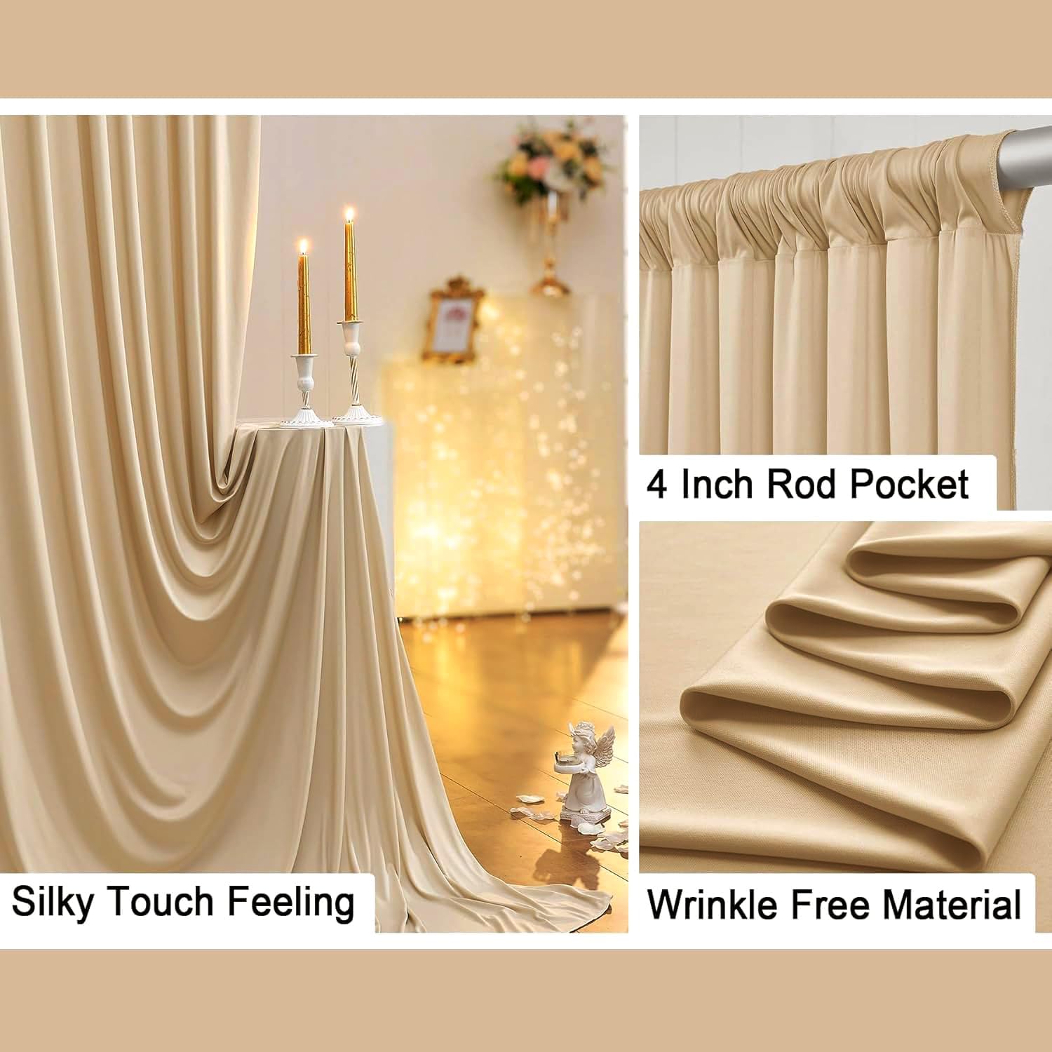 4 Stücke 1,5×3cm Beige Hintergrund Vorhänge für Hochzeit Party 100% Polyester Falten freie Beige Hintergrund Vorhänge für Geburtstag Taufe Baby Dusche Braut Dusche Fotowand