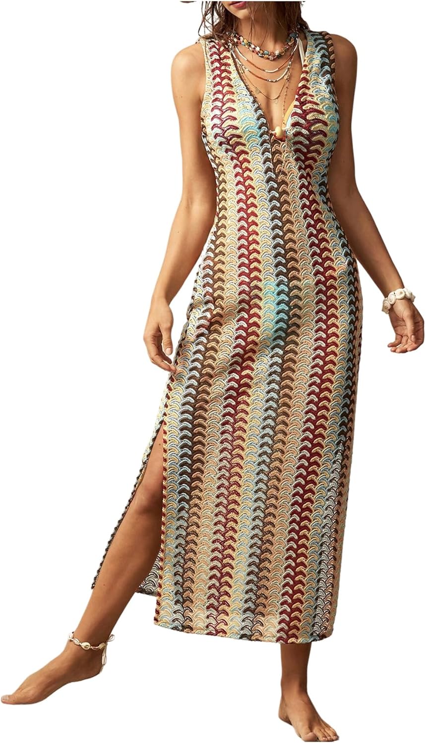 GORGLITTER Women's Boho Color Block Crochet Maxi Dress Summer Vacation Beach Peasant Bodycon Tank Long Sundresses 2025