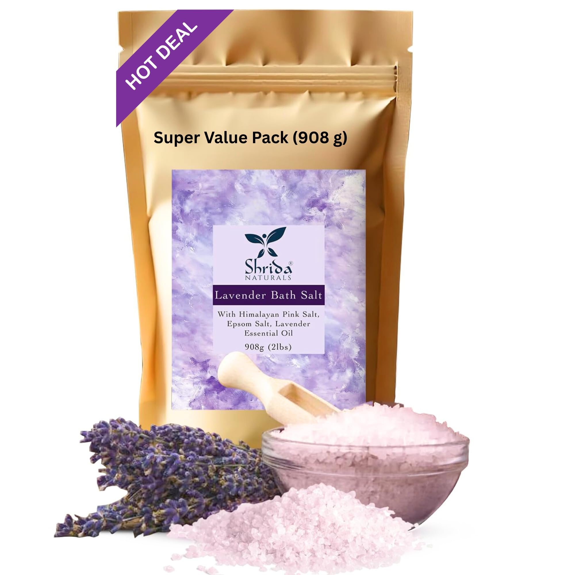 Shrida Naturals Bath Salt with Epsom & Himalayan Pink Salt 908g | Lavender Essential Oil & Buds | Relaxing Soak | Bathing Salt for Soreness, Pain Relief, Fast Recovery, Foot Soak