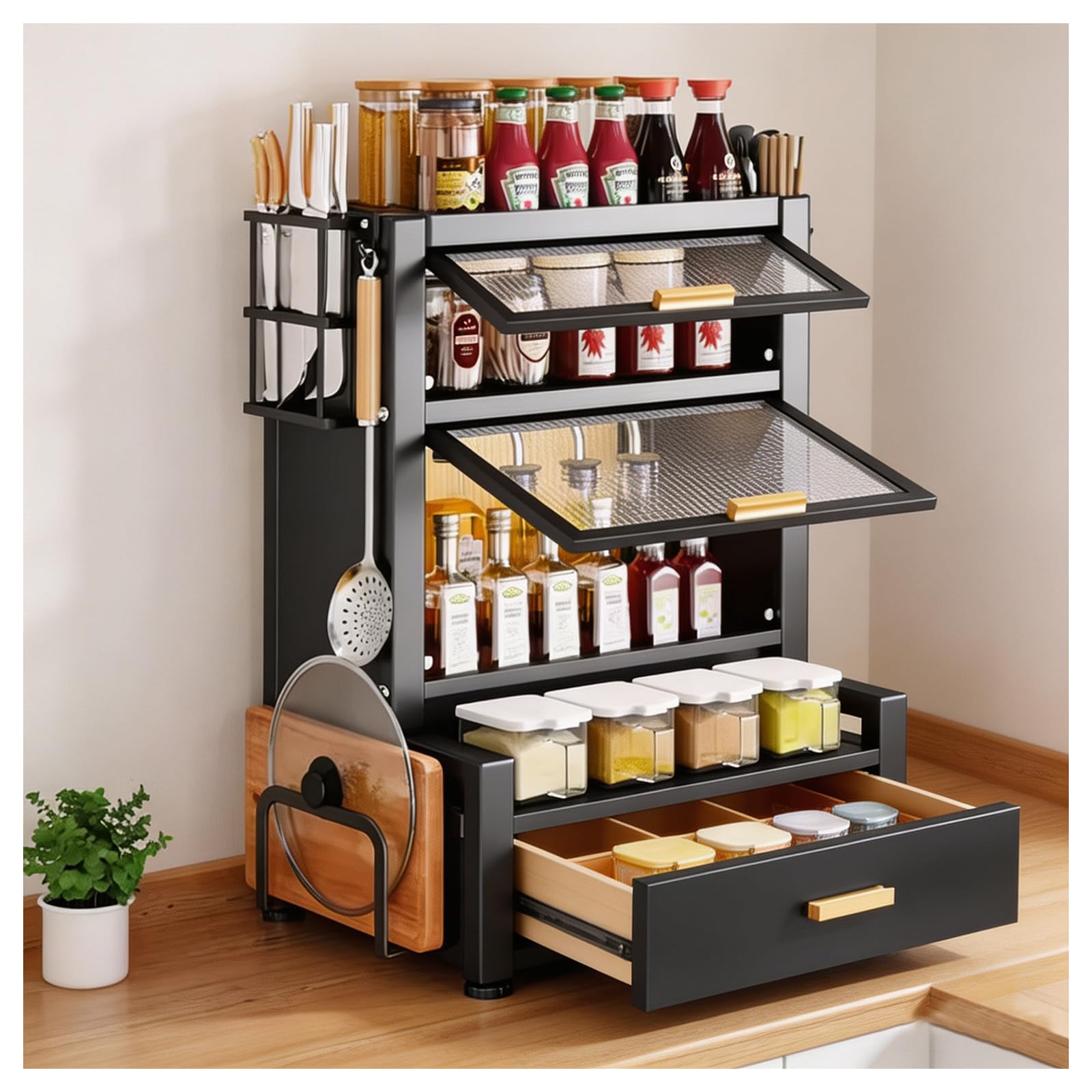 Küchen-Vorratsschrank für Arbeitsplatte, Gewürz- und Geschirr-Organizer Black-3-Tier
