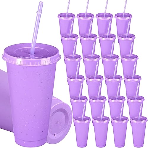 Roshtia Paquete de 24 vasos de plástico con tapa y pajita, vasos reutilizables, botellas de agua a granel, taza de viaje para café helado, taza para