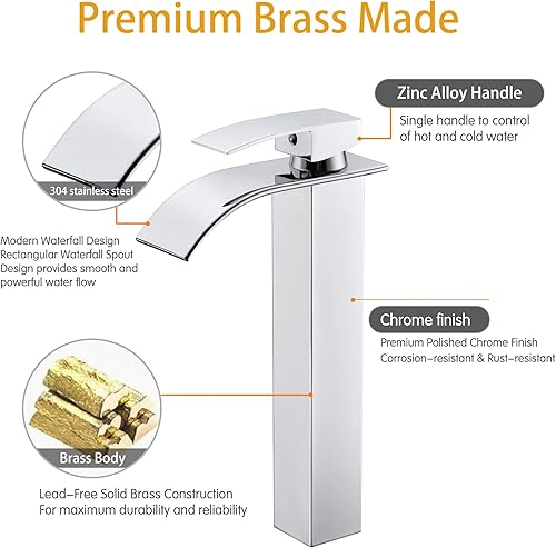 Miniatura 3 de Grifo de baño alto cromado, cascada, grifo de baño alto de una sola manija, 1 agujero, lavabo mezclador, grifo mezclador