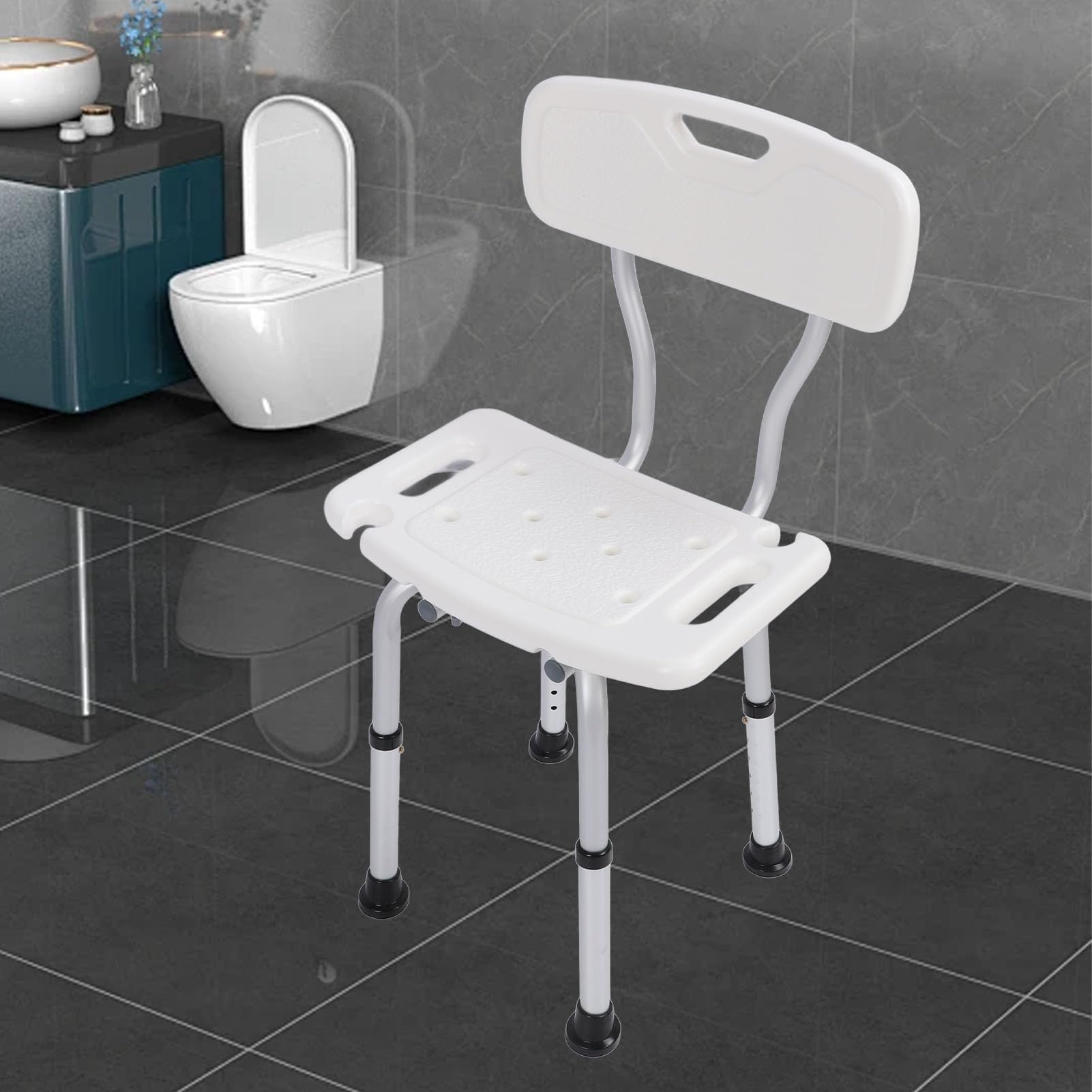Srliya Silla de Ducha con Respaldo Ajustable en, Puntas Antideslizantes, Patas de Aluminio Resistentes, Respaldo Completo, 250 Libras, Silla de Bañera Interior para Personas Mayores y
