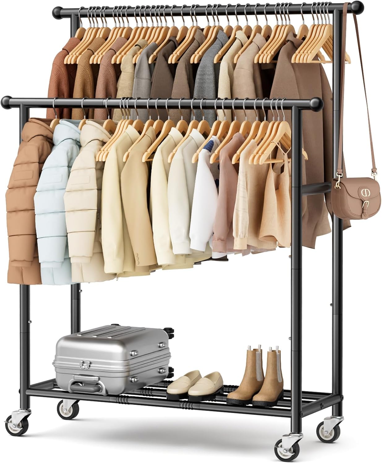 MISSLO Double Rods Garment Rack Heavy Duty Clothing Rack for Hanging Clothes Portable Clothes Organizer for Bedroom, Living Room, Clothing Store (Matte Black)