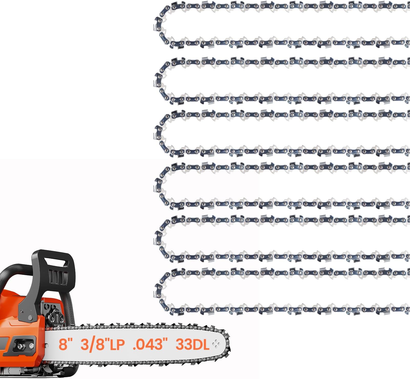 E & S 6 Pack 8 Inch Chainsaw Chain 3/8" LP Pitch .043" Gauge 33 Drive Links Semi-Chisel Chain Saw Chains for Oregon, Stihl, Husqvarna, Poulan, Craftsman, Greenworks and More Chainsaw Brands