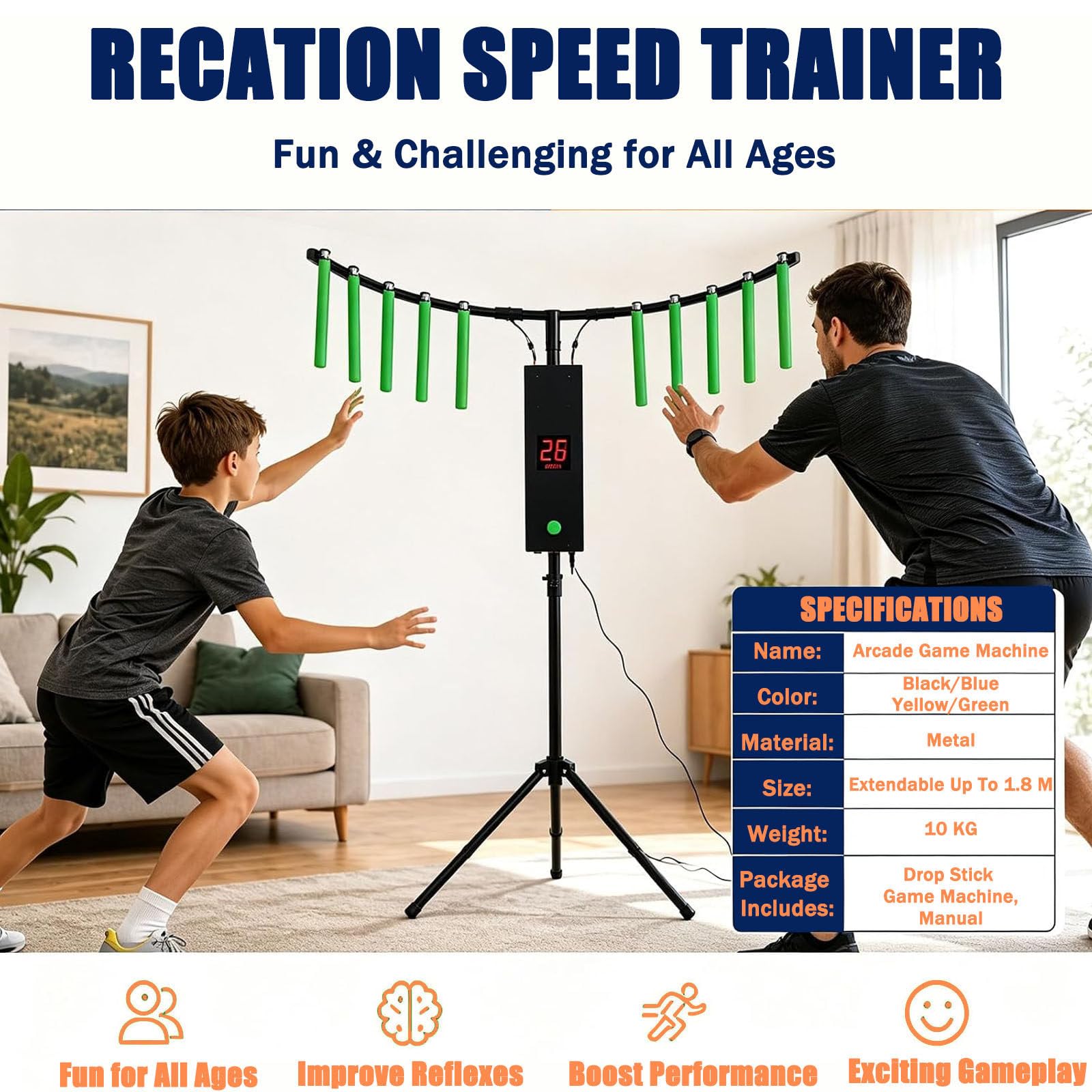 Máquina recreativa de Entrenamiento de coordinación Ojo-Mano con Velocidad Ajustable, Catch Stick, 10 Palos, trípode Ajustable, MP3, Luces LED Yellow