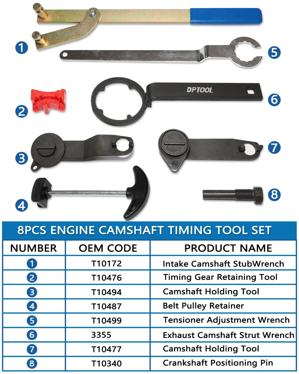 DPTOOL Set di 8 strumenti per la regolazione della distribuzione dell'albero a camme e dell'albero motore, per motori VAG EA211 1.0L 1.2L 1.4L 1.6L FSI TSI TFSI a benzina, compatibile con VW Audi A3