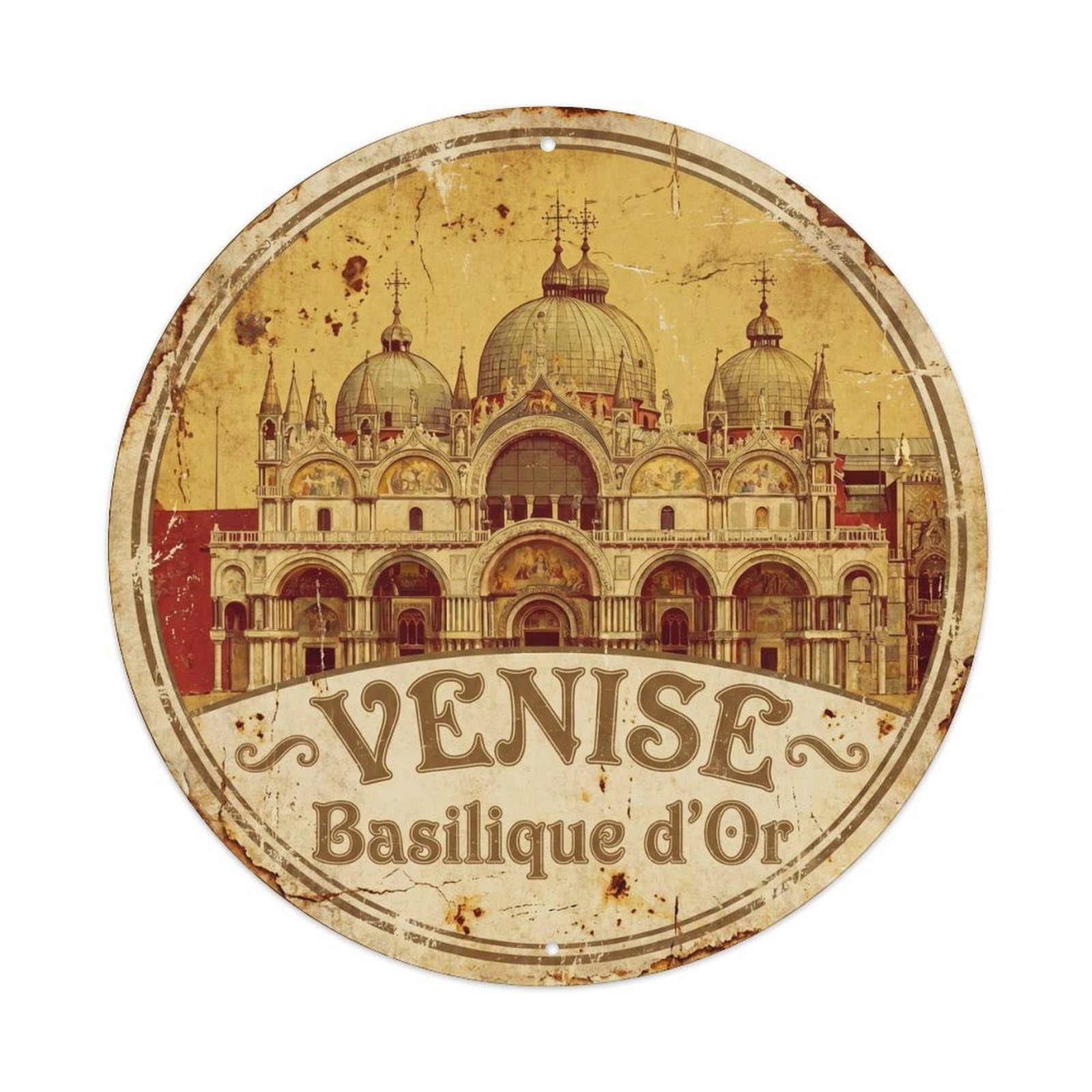 Vintage Travel San Marco Cathedral Venice Metal Tin Sign Plaque Wall Decor for Cafe, Club, Garden Round Metal Poster 8x8Inch