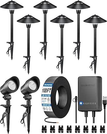 SUNVIE All-in-One Landscape Lighting Kit - 6 Pathway Lights, 2 Spotlights, 60W Transformer, 100FT Wire