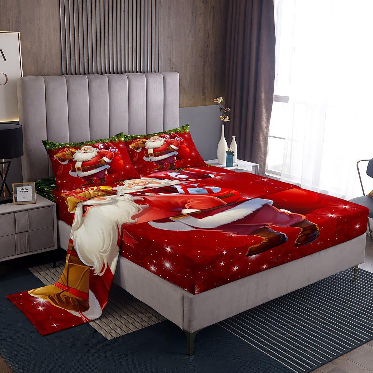 Erosebridal Christmas Sheet Set King Christmas Holiday Winter Gorgeous Santa Claus Deer Pattern Bed Sheets,Christmas Tree Glitter Stars Soft Easy Care