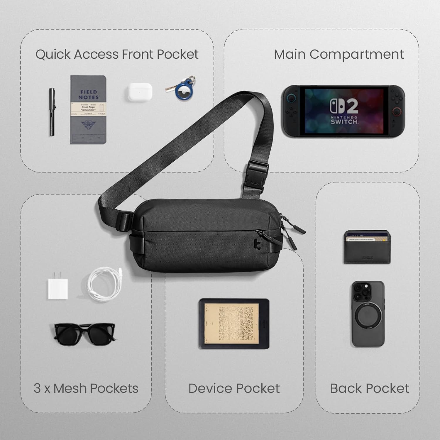 tomtoc Compact EDC Sling Bag 3L-10L, Minimalist Crossbody Bag Chest Shoulder Pack for Men Women, X-pac/Recycled Polyester - Image 9