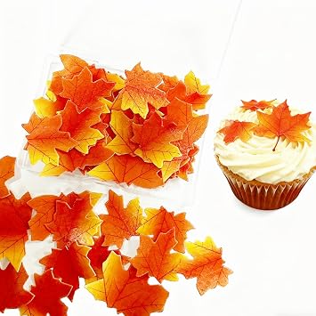 50 Pcs Edible Fall Leaves Orange Leaf Cupcake Toppers maple leaves cake Decorations fall sprinkles