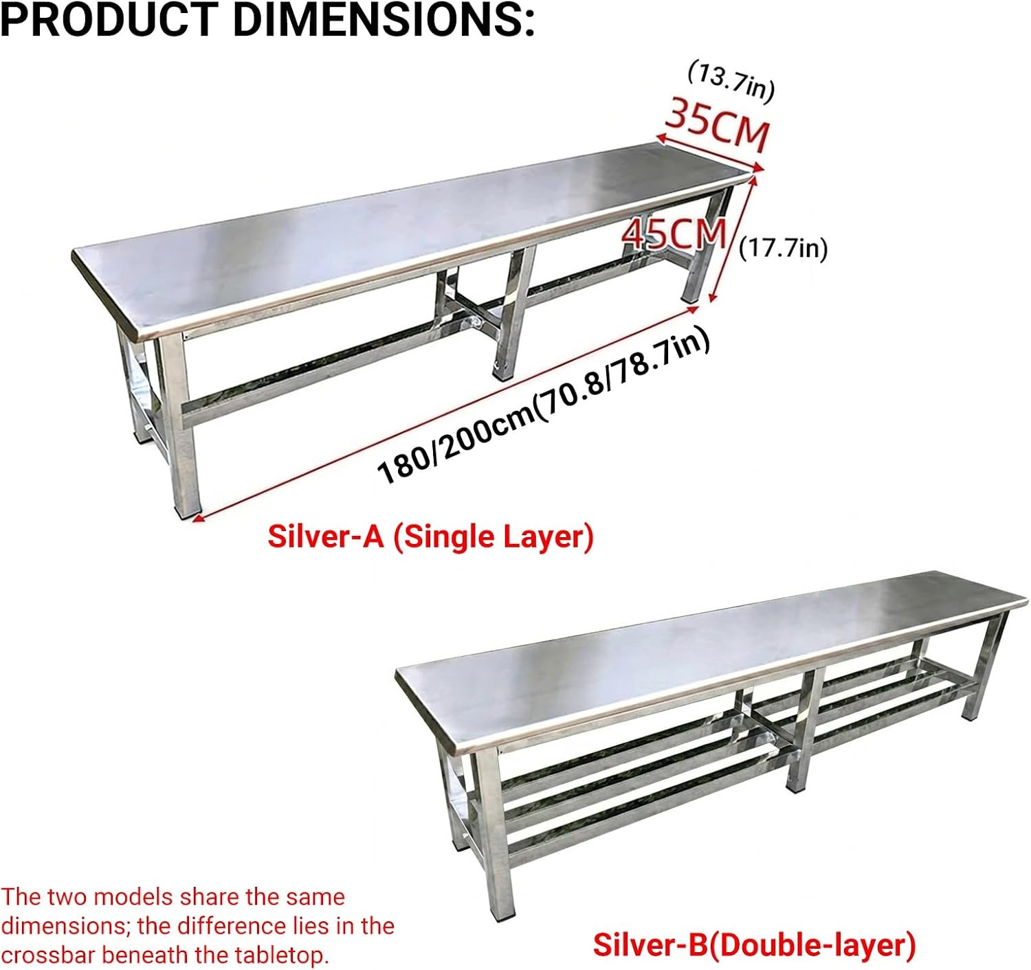 Heavy Duty Stainless Steel Backless Bench, Weatherproof Outdoor Metal Bench for Patio, Garden, Yard, Poolside & Entryway(Silver-A,180cm/70.8in)