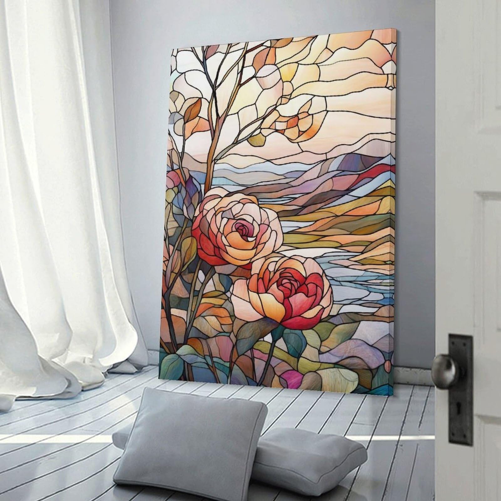 Junmoney Decorative Wall Artwork Stained Glass Roses(2), 20x30inch(50x75cm), for Lounge, Bedroom Or Personal Spaces, Gift Idea for Housewarming And Birthdays
