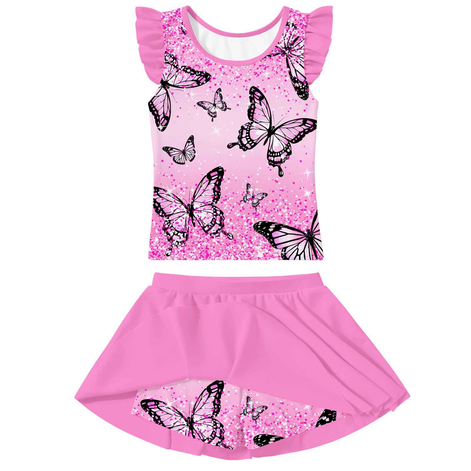 Girls Swimsuit 2 Piece Ruffle Bathing Suit UPF 50+ Tankini Swimsuit Skirt with Lining Size 3-10