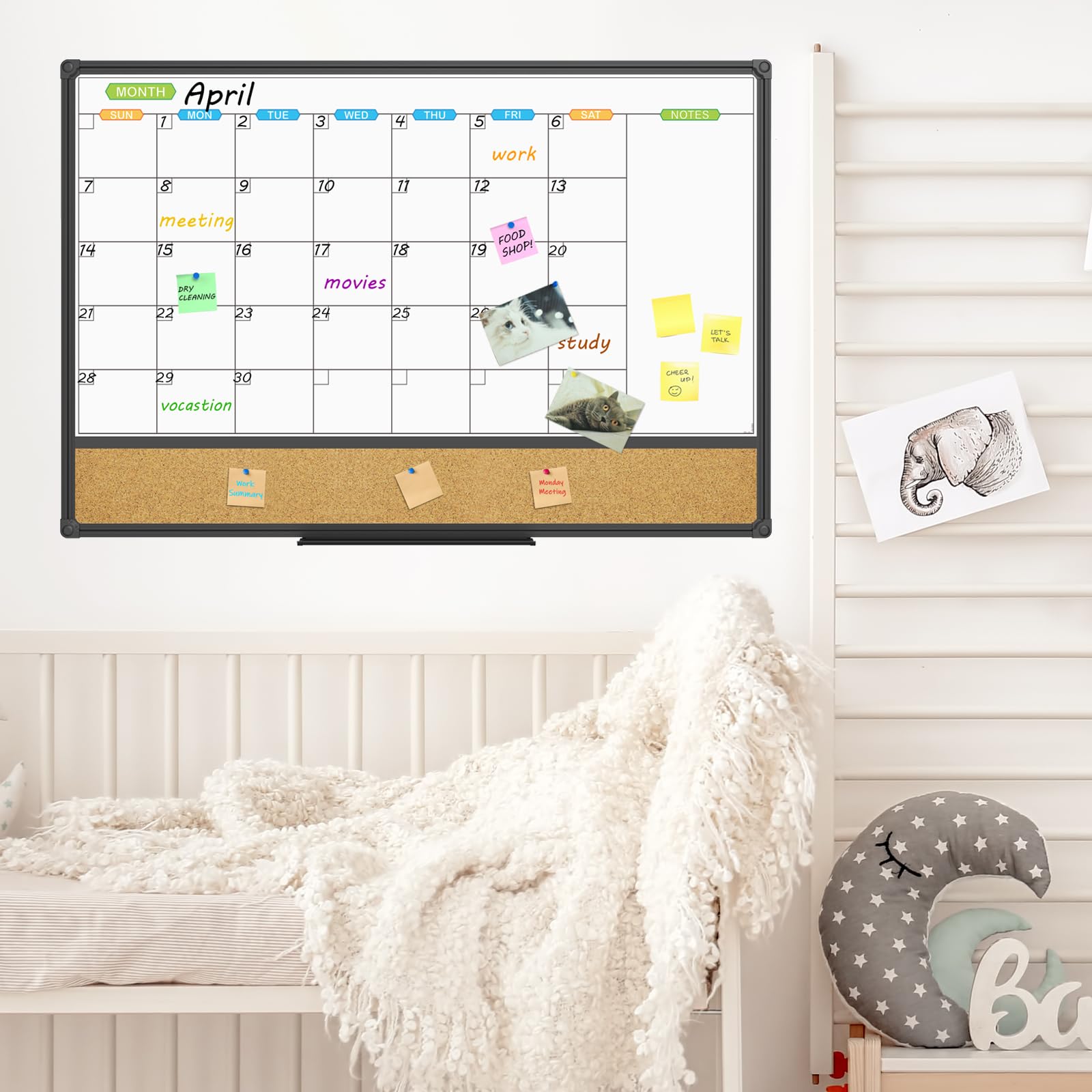 JILoffice Pizarra magnética con calendario blanco y tablón de corcho para anuncios, tablero combinado de 36 x 24 pulgadas, marco de aluminio negro, tablero montado en la pared para oficina, hogar y