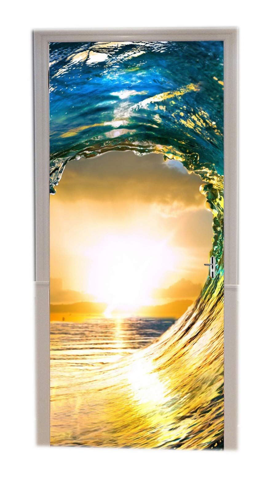 Sticker porte 3D océan et plage au coucher du soleil en vinyle décoratif 83x204 cm