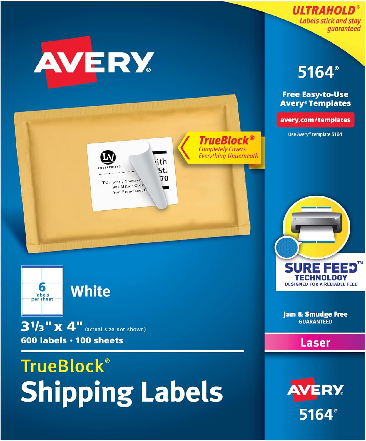 avery printable shipping labels with sure feed, 3-1/3" x 4", white, 600 blank mailing labels (5164) 600 labels
