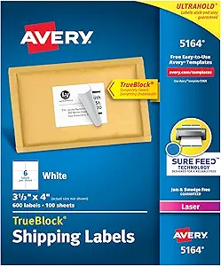 Avery Printable Shipping Labels with Sure Feed, 3-1/3" x 4", White, 600 Blank Mailing Labels (5164)