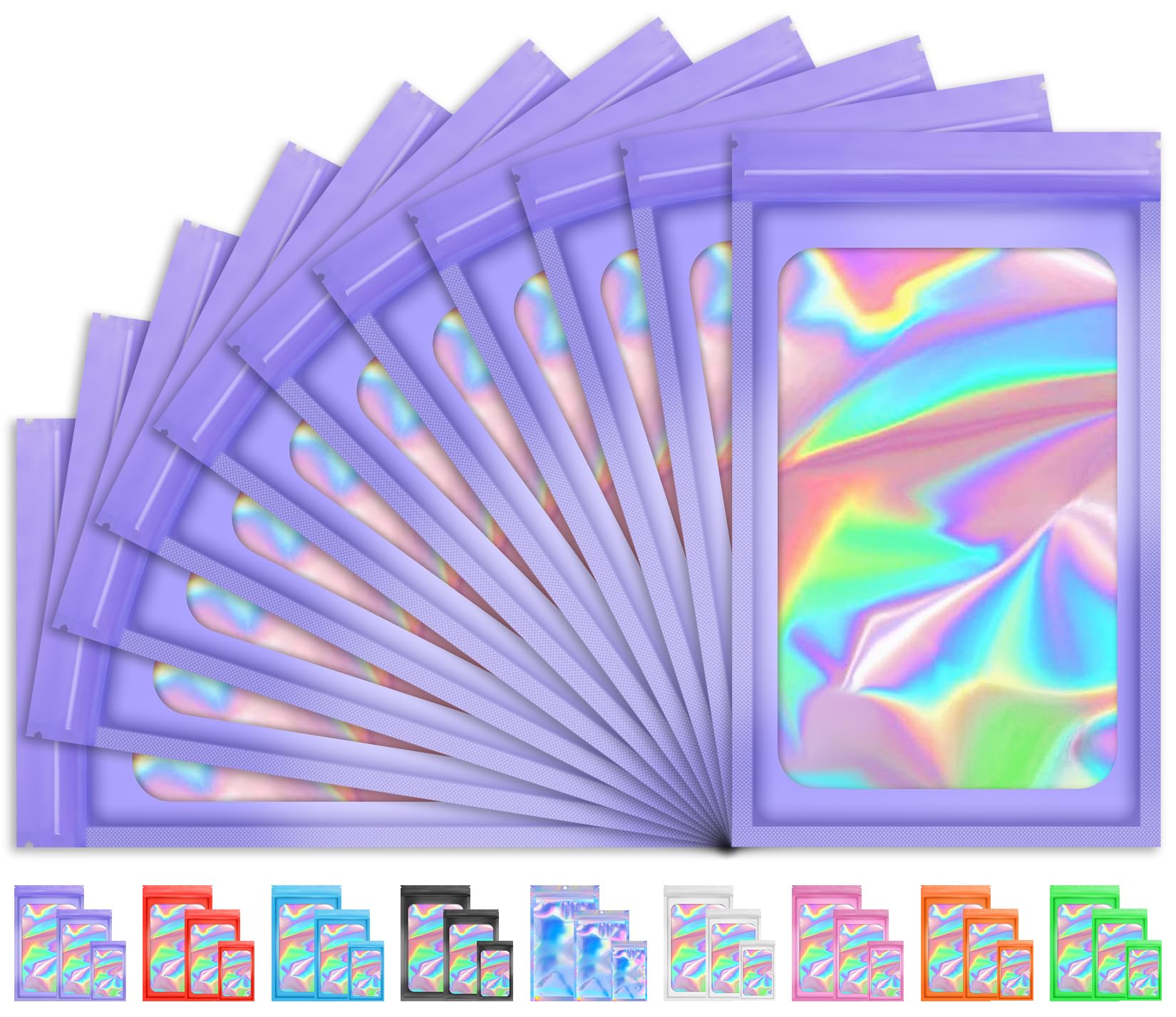 100 PCS Holographic Bags for Lashes, Press On Nails, Candy, Small Baggies Sample Bag Smell Proof Packaging Bag for Jewelry, Resealable Bags for Small Business, Food Storage Bags