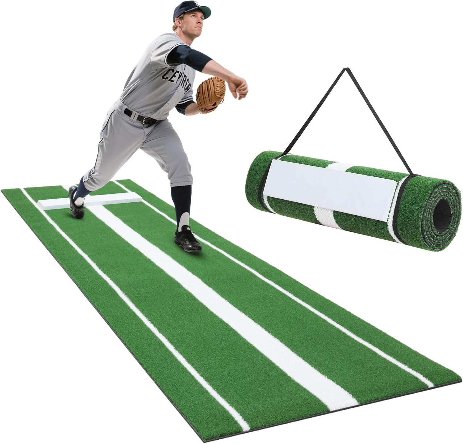WARMOUNTS 10x3ft Softball Pitching Mat with Rubber, EVA Anti-Slip Backing, High Density Anti-Fade Turf, Portable Softball Pitching Mound for Indoor and Outdoor Practice