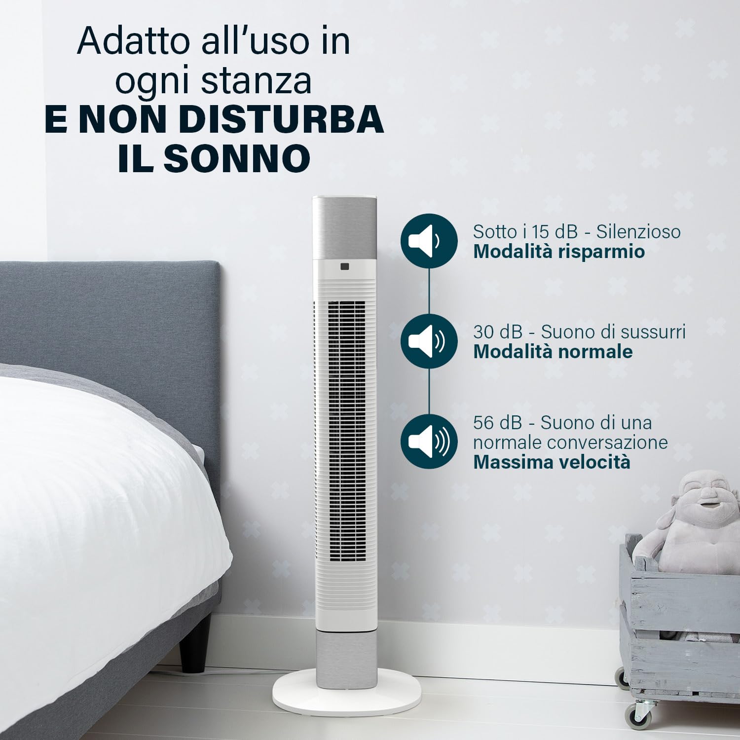 Princess Ventilatore a colonna silenziosa, altezza 103 cm, 3 modalità e 3 velocità, oscillazione, collegato, bianco