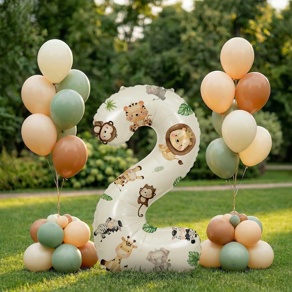 Safari Animal Number 2 Balloon, 32 Inch Cream Large Foil Balloon with DIY Jungle Animals Decorative Stickers,Party Animal Birthday Decorations for Boys and Girls