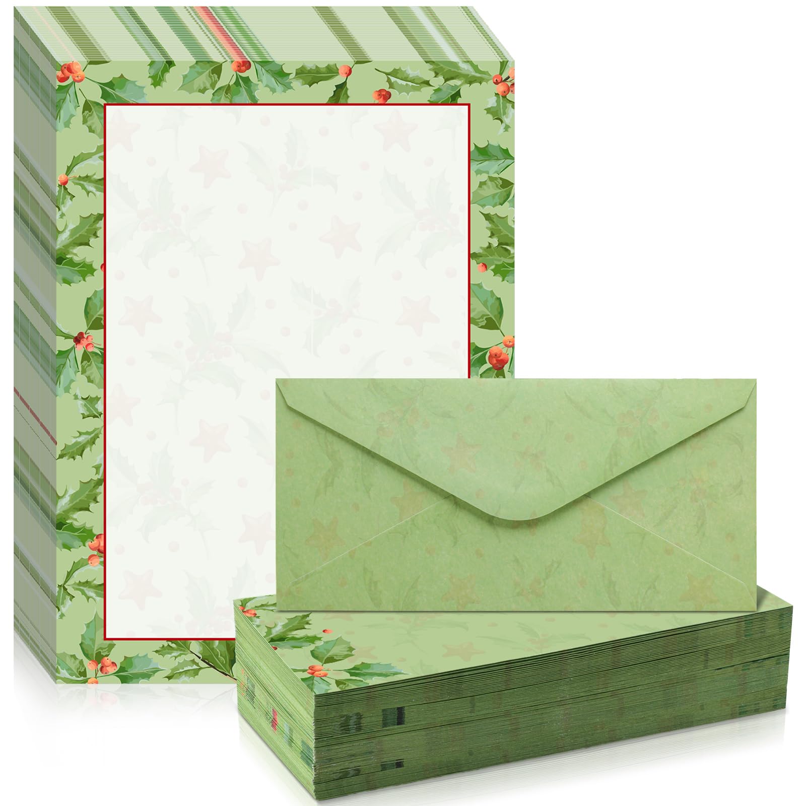 Chiisong 160 piezas de papel de papelería de Navidad con membrete y sobres, 80 sobres de papel de acebo de hiedra de Navidad, 80 sobres de día festivo para notas, tarjetas de felicitación, invitación,