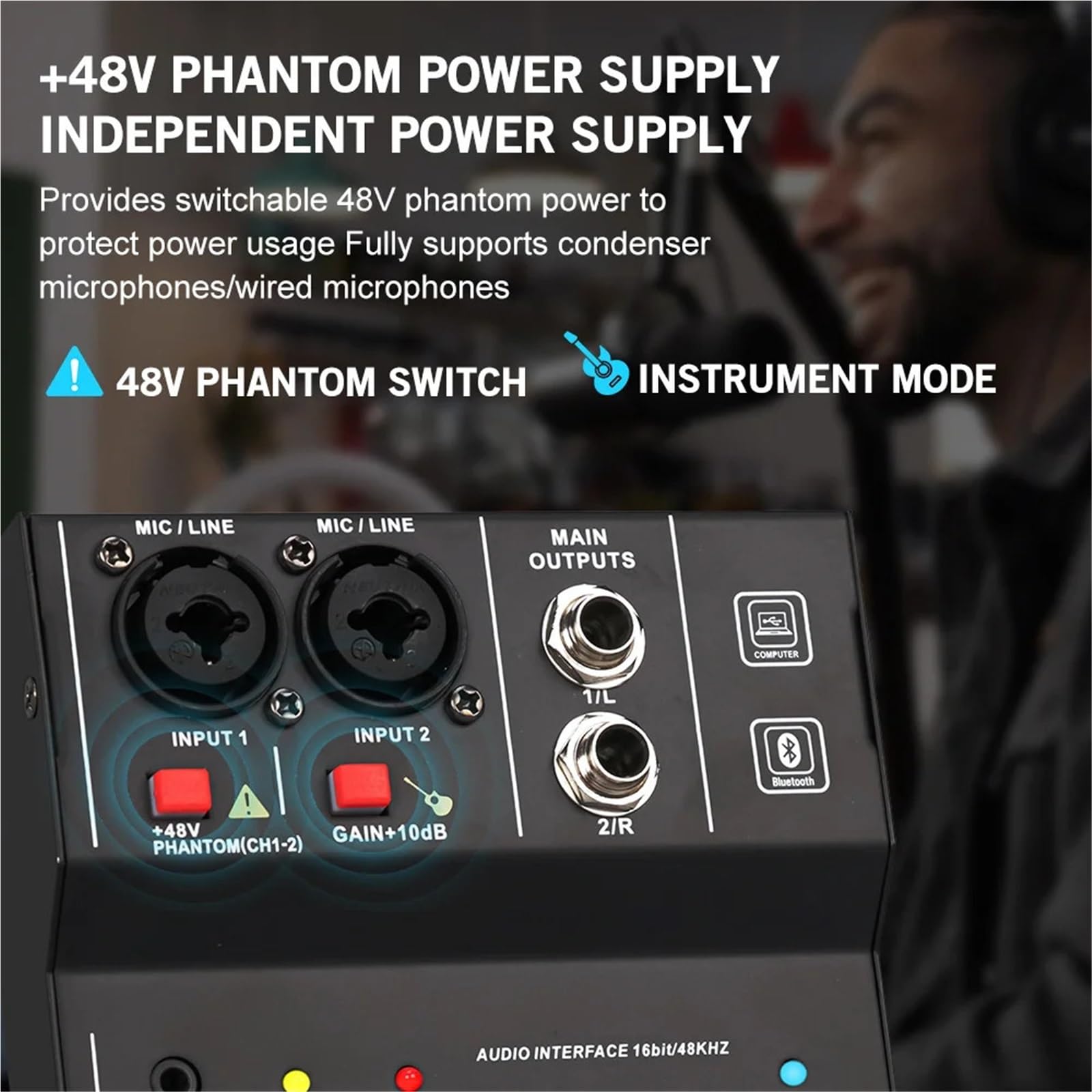 Interfaccia mixer professionale a 2 canali, scheda, console mini USB, di registrazione for DJ, studio, chitarra