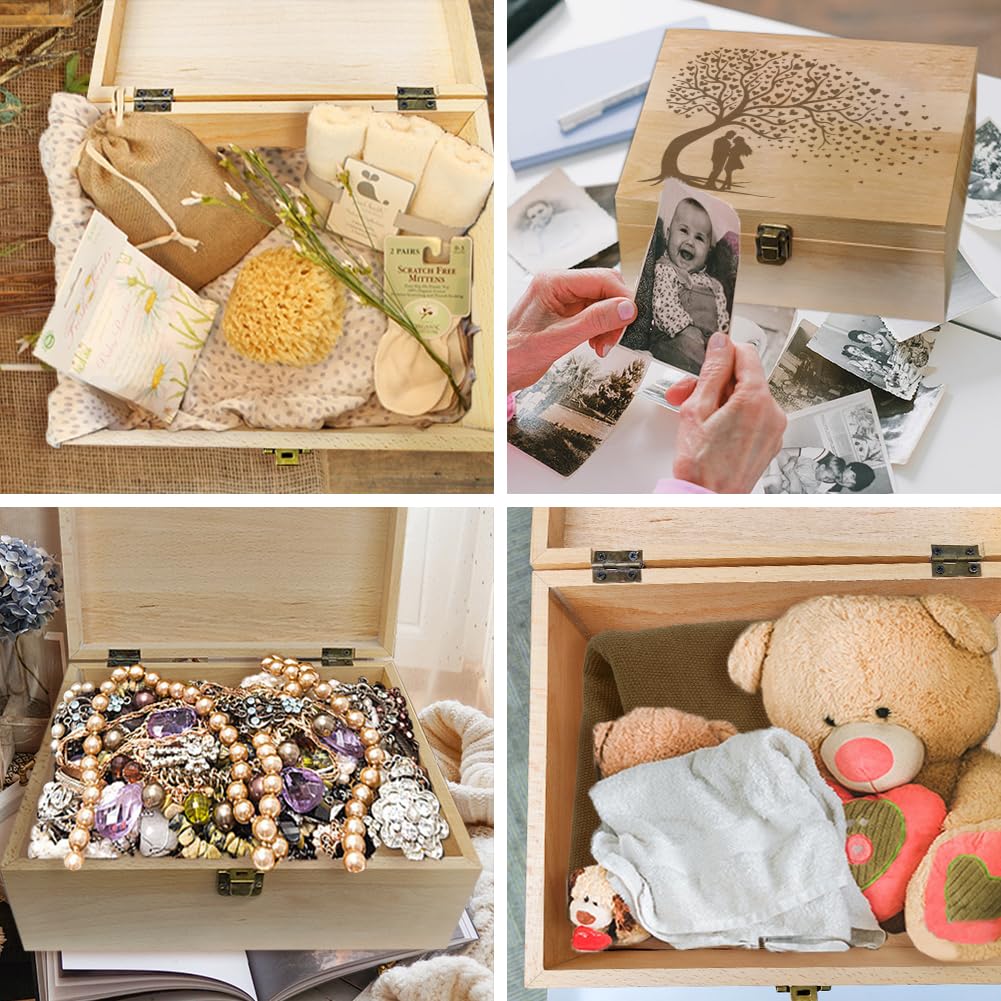 Arricraft Caja de recuerdo de madera para recuerdos, caja de árbol con tapa con cierre de tapa para guardar fotos, cartas, bodas, San Valentín, 7.6 x 9.6 x 4 pulgadas (19.5 x 24.5 x 10.3 cm)