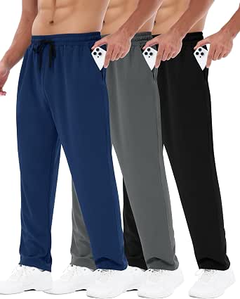 3 Pack Men's Sweatpants with Pockets - Mesh Open Bottom Athletic Joggers