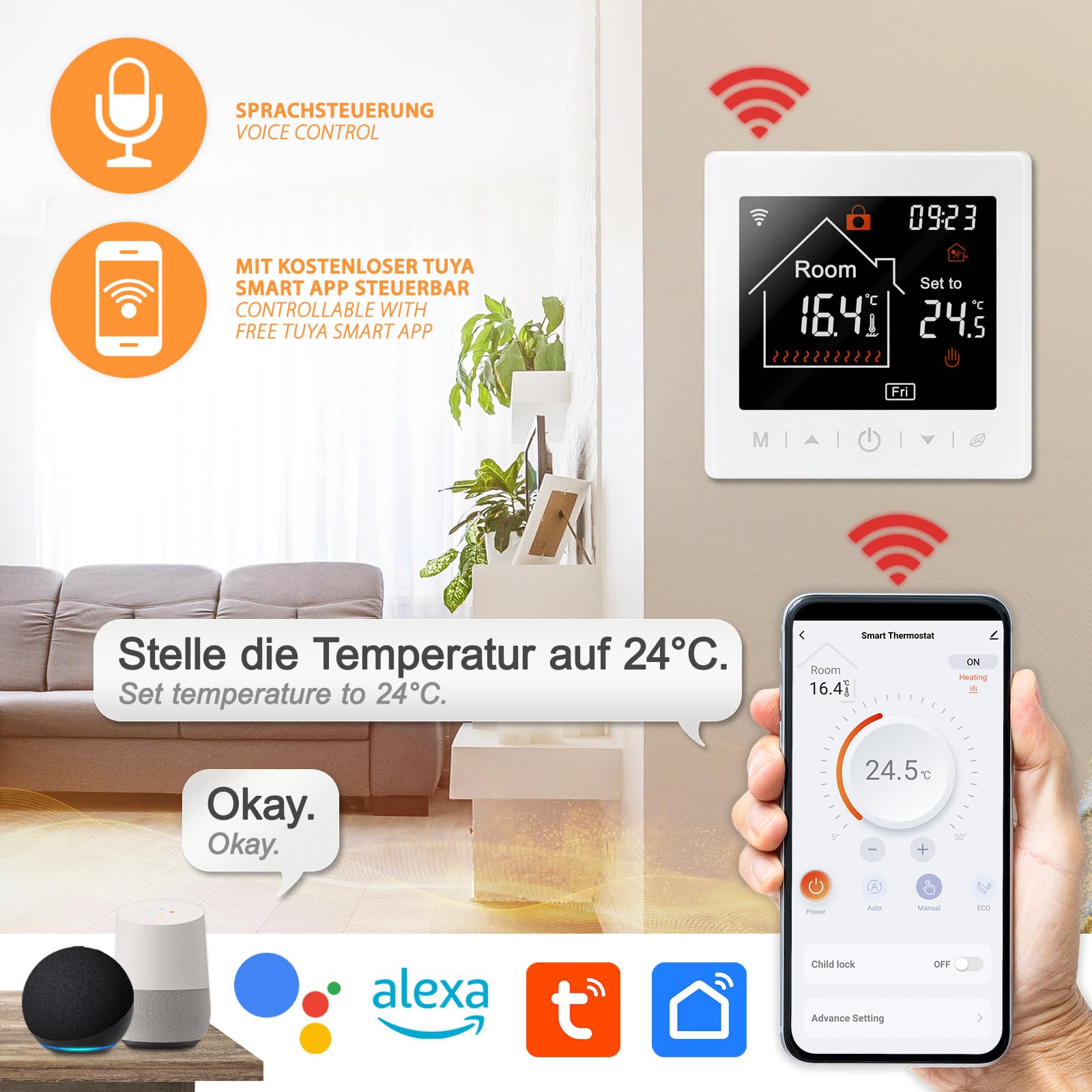 Mi-Heat M2 Raumthermostat WLAN weiß - Alexa Tuya Smart Life Google Home elektrische Fußbodenheizung Thermostat Smart Raumthermostat Fußbodenheizung zeitliche Display-Abschaltung
