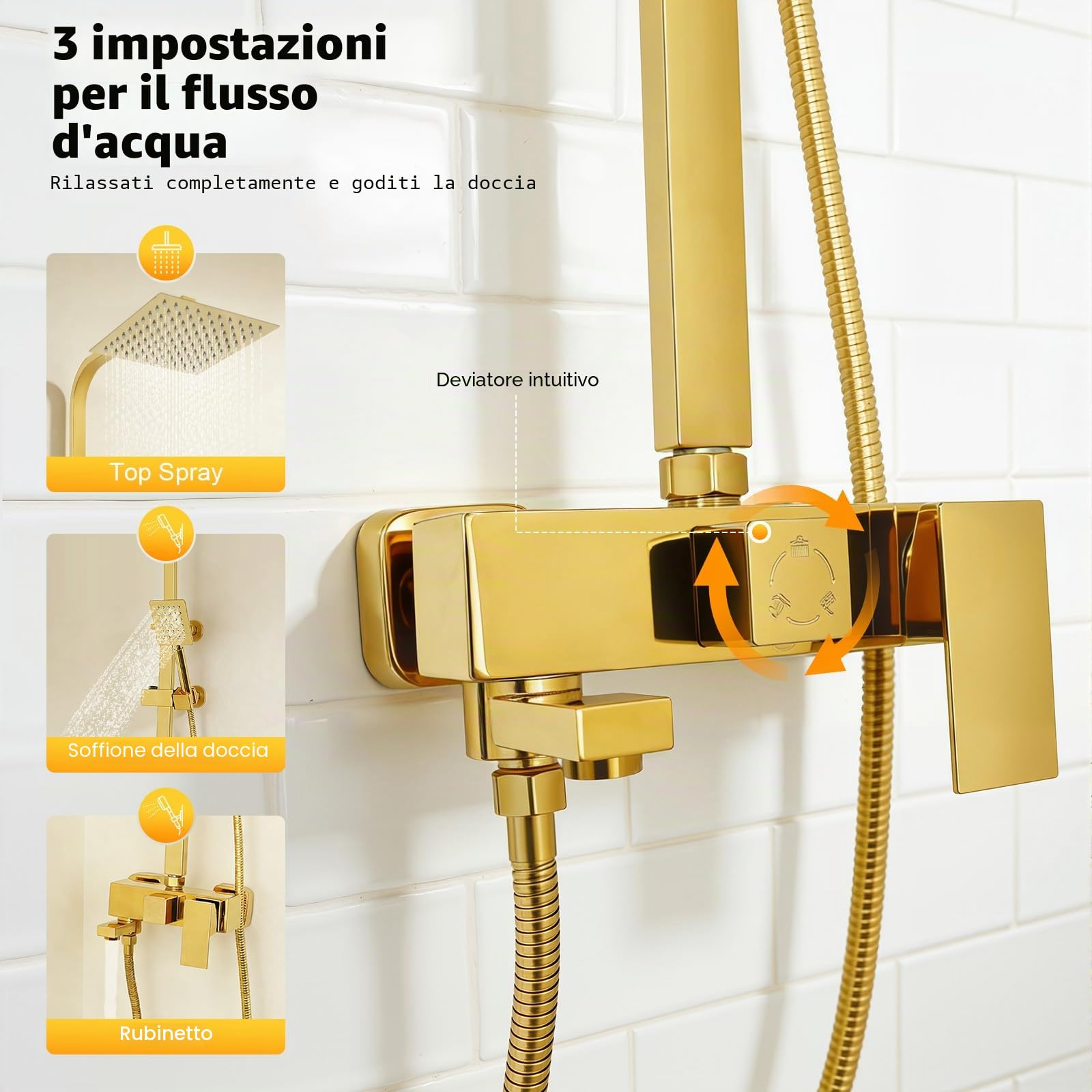 Sistema doccia in acciaio inossidabile - Doccia effetto pioggia - Con doccetta dorata - Colonna doccia regolabile in altezza - Per casa e hotel
