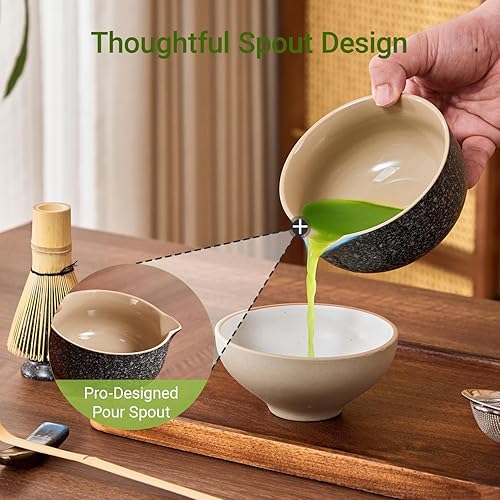 Miniatura 4 de Juego de 6 batidores de matcha, juego de cerámica de color negro, incluye cuenco de matcha con boquilla, batidor de matcha y soporte, cuchara de