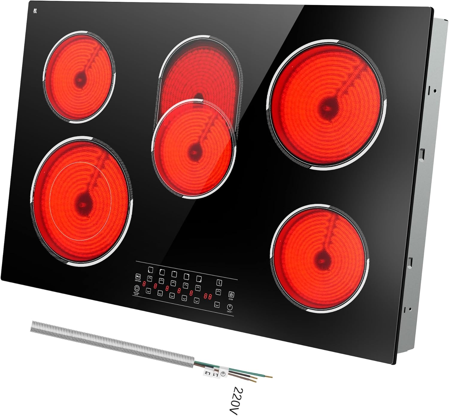 30 Inch Electric Cooktop 5 Burner, 8400W Built-in Electric Stove Top, 30" Ceramic Cooktop with Expanded Zone, Touch Control, Timer, Pause Control, Safety Lock, 220-240V, Hard Wire, No Plug