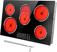 Traenvir Cooktop Elétrico De 30 Polegadas, 5 Bocas, Fogão Elétrico Embutido De 8400 W, Cooktop De Cerâmica De 30 Polegadas Com Zona Expandida, Controle Por Toque, Temporizador, Controle De Pausa, Tr