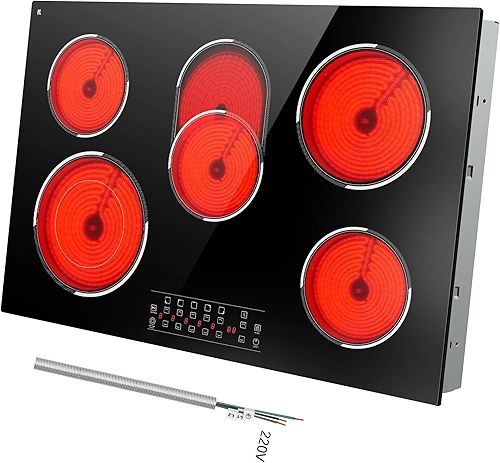 Traenvir Cooktop Elétrico De 30 Polegadas, 5 Bocas, Fogão Elétrico Embutido De 8400 W, Cooktop De Cerâmica De 30 Polegadas Com Zona Expandida, Controle Por Toque, Temporizador, Controle De Pausa, Tr