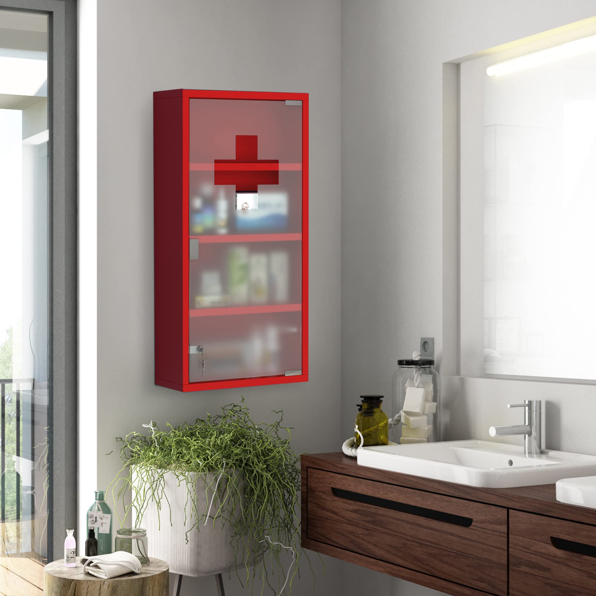HOMCOM Armario de Medicinas Botiquín Gabinete de Primero Auxilios 4 Estantes 30x12x60cm Caja Colgante de Pared Medicinas con Cerradura