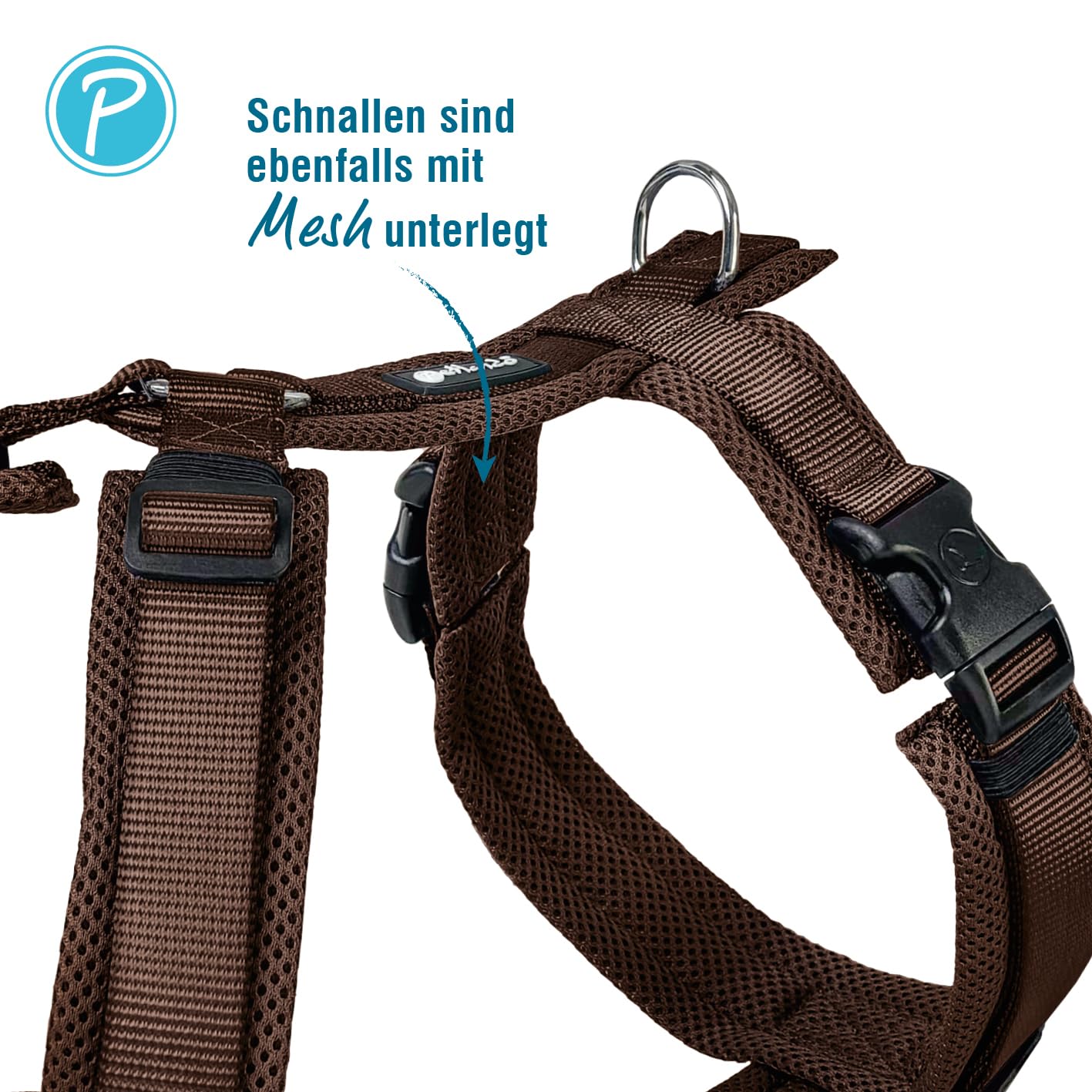 Petlando Hundegeschirr gepolstert, Mesh Y-Comfort, weich, stufenlos verstellbar, besonders leicht & atmungsaktiv, fellschonend, ergonomisch, Brustgeschirr für große Hunde, Mokka, L
