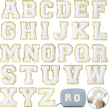 26 Piece Chenille Letter Patches - Iron On, Glitter Varsity, A-Z Applique for DIY Shirts, Shoes, Jeans, Backpacks, Hats White
