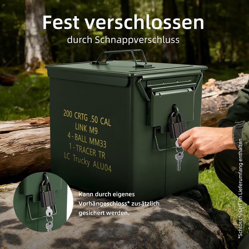 Trucky Munitionsbox Ammo Box 33x19x28 cm Metallkiste Munitionskiste Metallbox Aufbewahrungsbox mit Deckel Army Grün Metall - 5