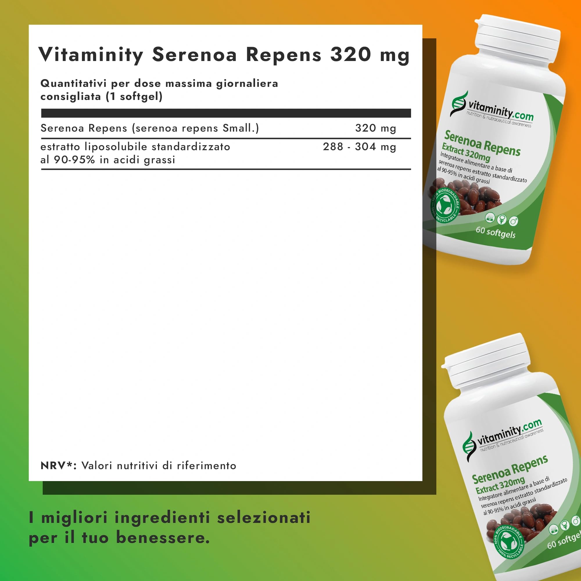Serenoa Repens 320 mg - 90-95%, Integratore contro l'Ingrossamento della Prostata e la Caduta dei Capelli, a Base di Serenoa Repens - Formato da 60 Capsule Softgel