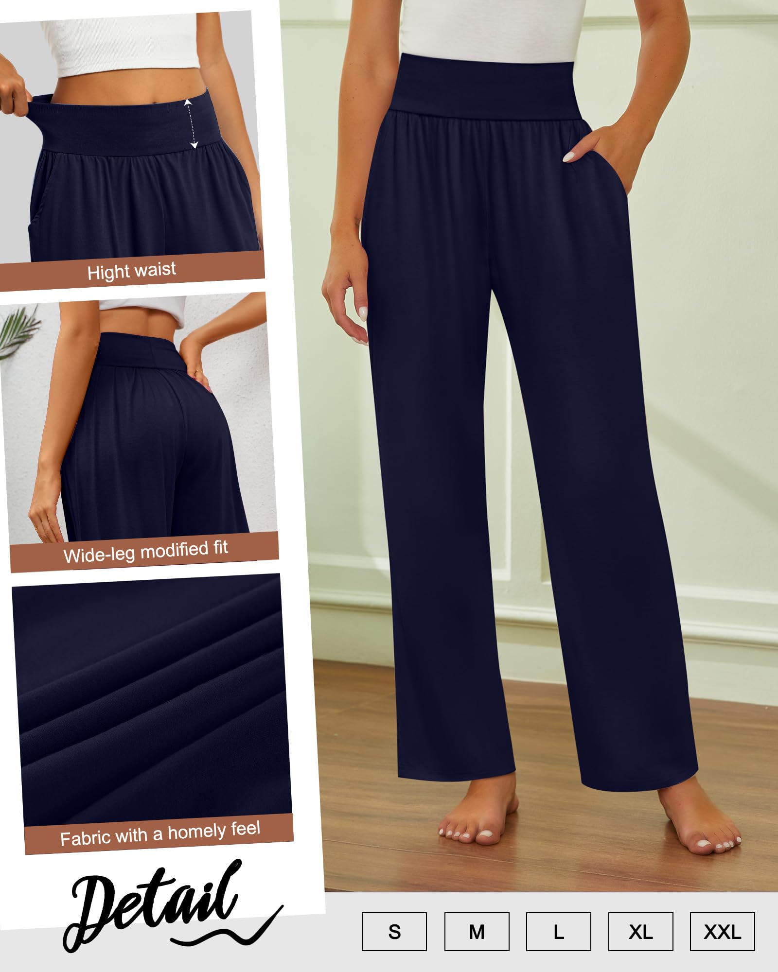 Neer Lot de 3 pantalons de yoga et de détente à jambe large pour femme, confortables et avec poches, pantalon de survêtement extensible à taille élastique, X-Large